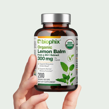 Biophix Organic Lemon Balm 200 Vcaps Hand View Calm Relaxation Positive Mood