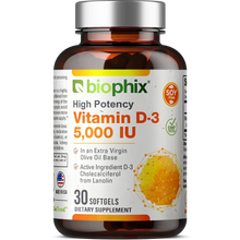 Load image into Gallery viewer, Vitamin D-3 5000 IU High-Potency 30 Softgels biophix