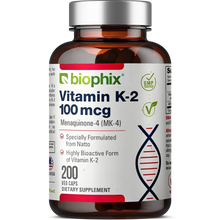 Load image into Gallery viewer, Vitamin K2 MK-4 High-Potency 100 mcg 200 Vegetarian Capsules biophix