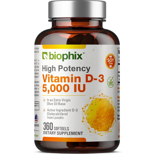 Vitamin D-3 5000 IU High-Potency 360 Softgels Biophix