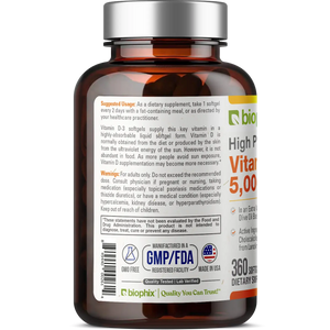 Vitamin D-3 5000 IU High-Potency 360 Softgels Biophix