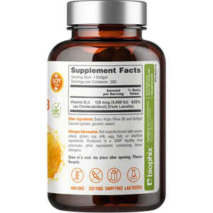 Vitamin D-3 5000 IU High-Potency 360 Softgels Biophix