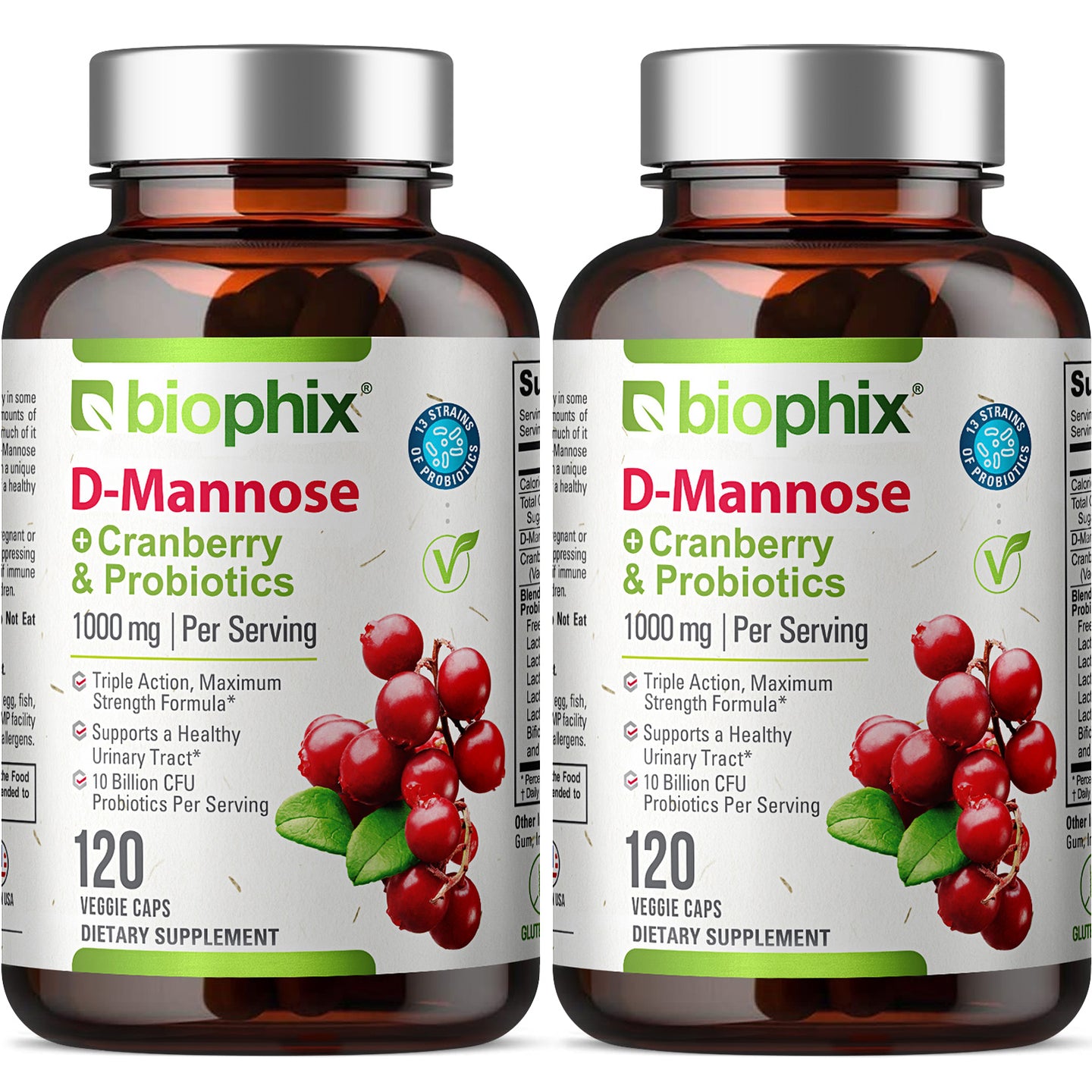 D-Mannose Plus Cranberry and Probiotics 1000 mg 120 Vegetarian Capsules - 2 Pack