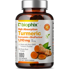 Load image into Gallery viewer, biophix Organic Turmeric Curcumin 1310 mg 180 Vegetarian Capsules with BioPerine