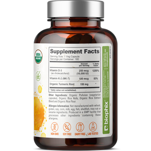 biophix Organic Vitamin D-3 K2 Turmeric 180 Vegetarian Capsules