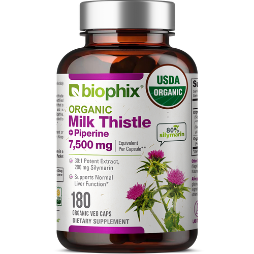 biophix Milk Thistle USDA Organic 30:1 Extract 7500 mg with Piperine 180 Veggie Capsules
