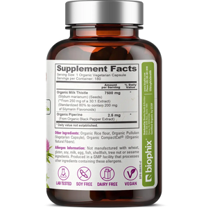 biophix Milk Thistle USDA Organic 30:1 Extract 7500 mg with Piperine 180 Veggie Capsules biophix