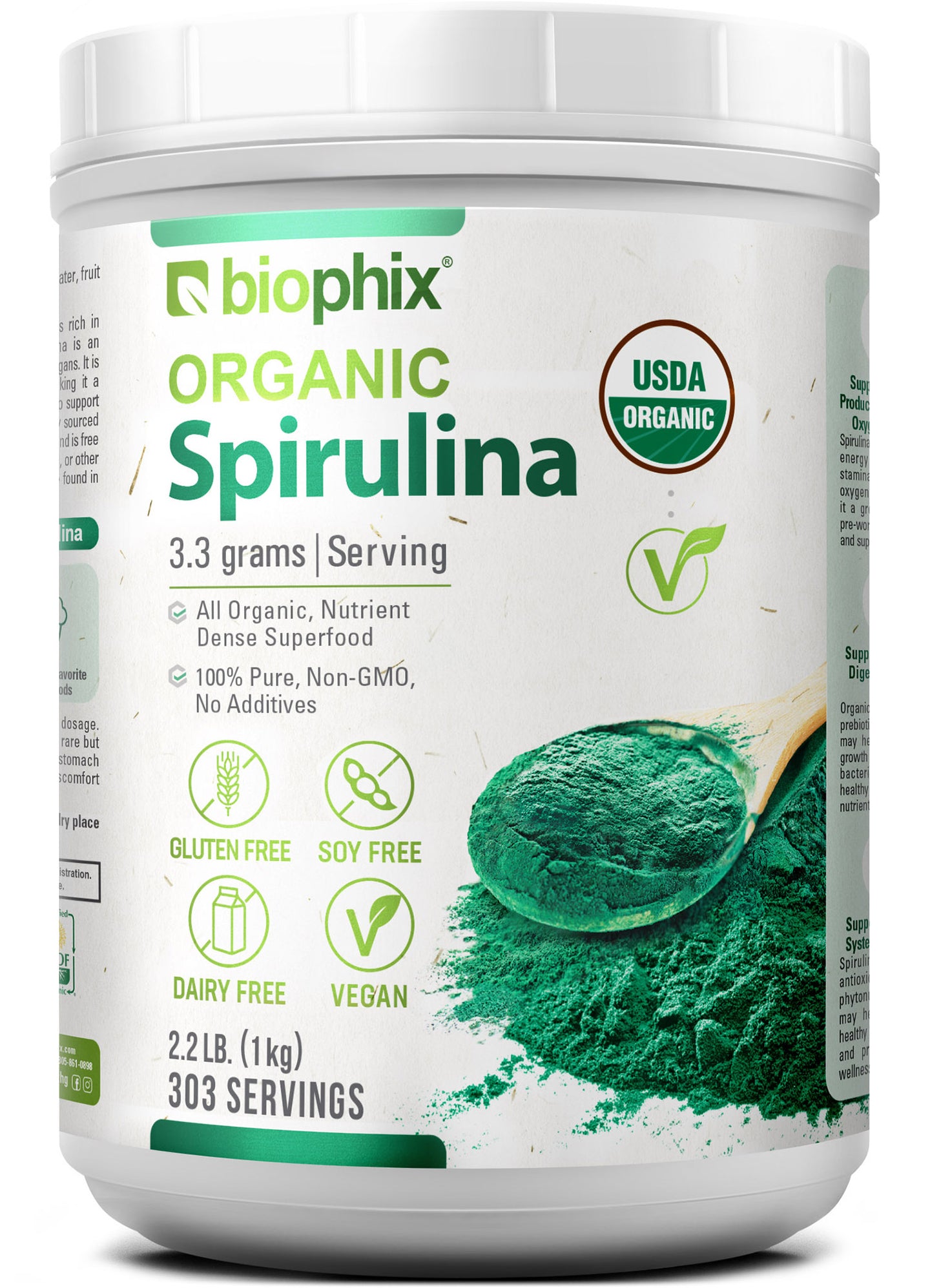 biophix Spirulina USDA Certified Organic Powder 2.2 lbs 1 kg