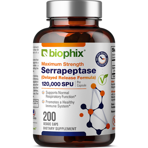 Biophix Serrapeptase 120000 SPU Maximum Strength 200 Veggie Caps - Inflammation Detoxification Joint Health Immune Support