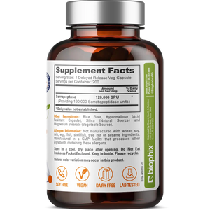 Biophix Serrapeptase 120000 SPU Maximum Strength 200 Veggie Caps - Inflammation Detoxification Joint Health Immune Support biophix