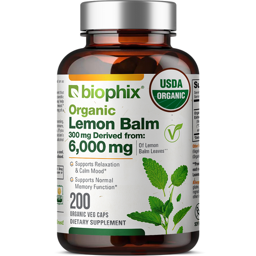 Biophix Lemon Balm USDA Organic 20:1 Extract 300 mg 200 Veggie Caps - Soothing Relaxation Positive Mood Support