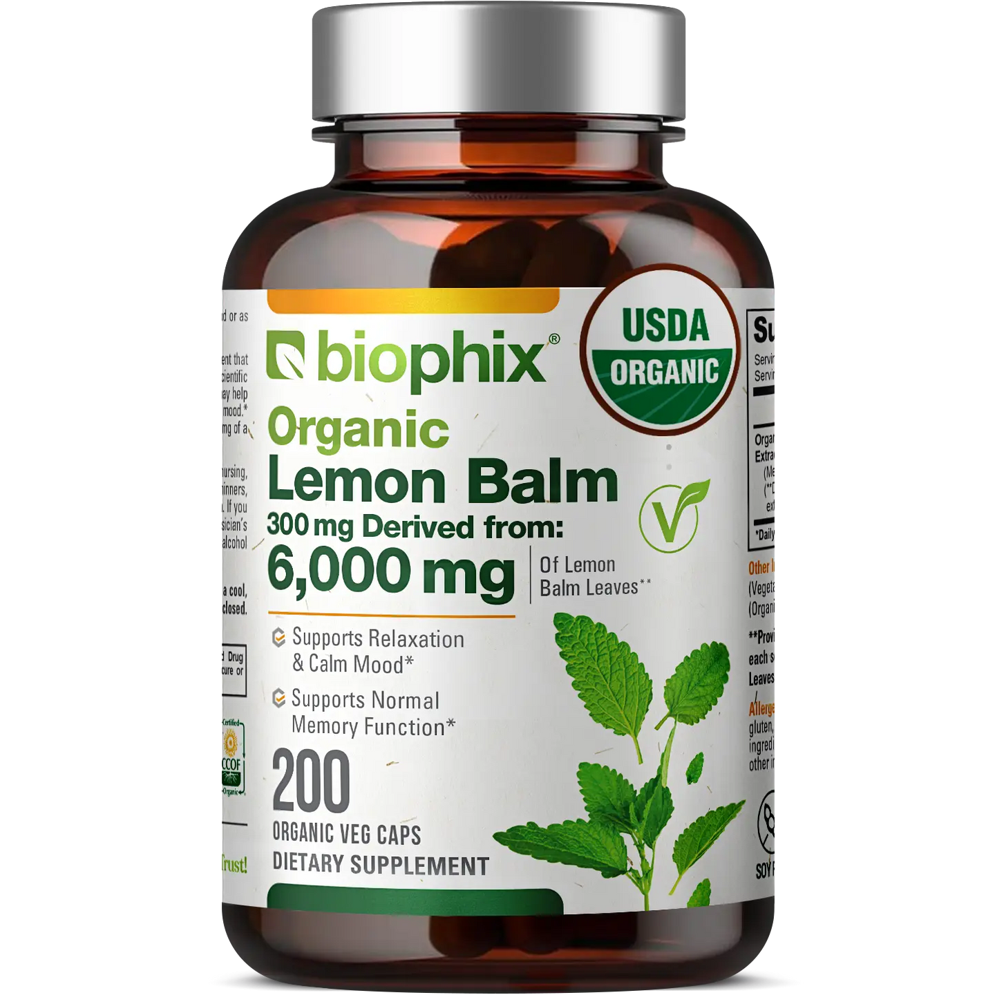 Biophix Lemon Balm USDA Organic 20:1 Extract 300 mg 200 Veggie Caps - Soothing Relaxation Positive Mood Support biophix