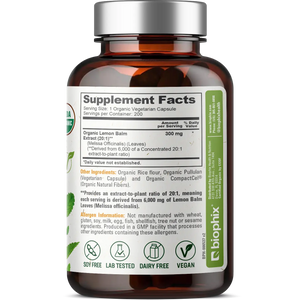 Biophix Lemon Balm USDA Organic 20:1 Extract 300 mg 200 Veggie Caps - Soothing Relaxation Positive Mood Support biophix