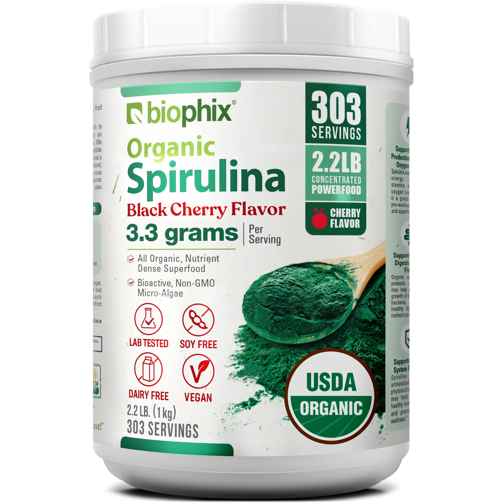 Biophix Organic Spirulina Powder Black Cherry Flavor 2.2 lbs 1 kg -