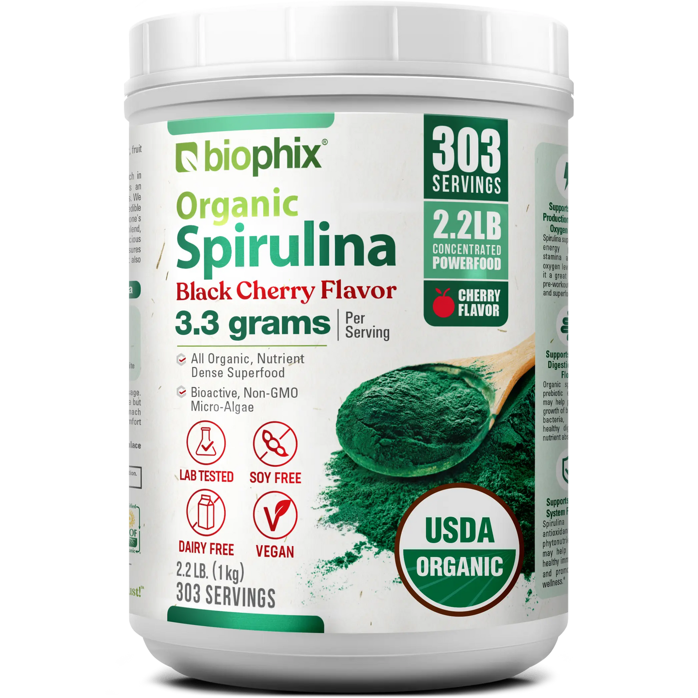 Biophix Organic Spirulina Powder Black Cherry Flavor 2.2 lbs 1 kg - Green Antioxidants Superfood Protein Immune Support biophix