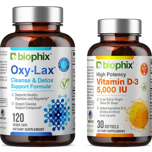 Oxy-Lax 750 mg 120 Vegetarian Capsules with Free Vitamin D-3 5000 IU 30 Softgels