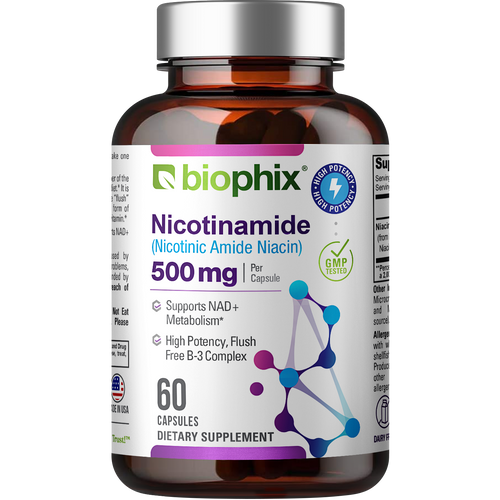 B-3 Nicotinamide 500 mg 60 Caps - Nicotinic Amide Niacin Supports Skin Cell Health