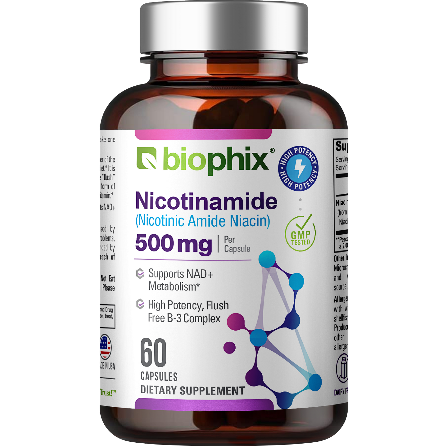 B-3 Nicotinamide 500 mg 60 Caps - Nicotinic Amide Niacin Supports Skin Cell Health