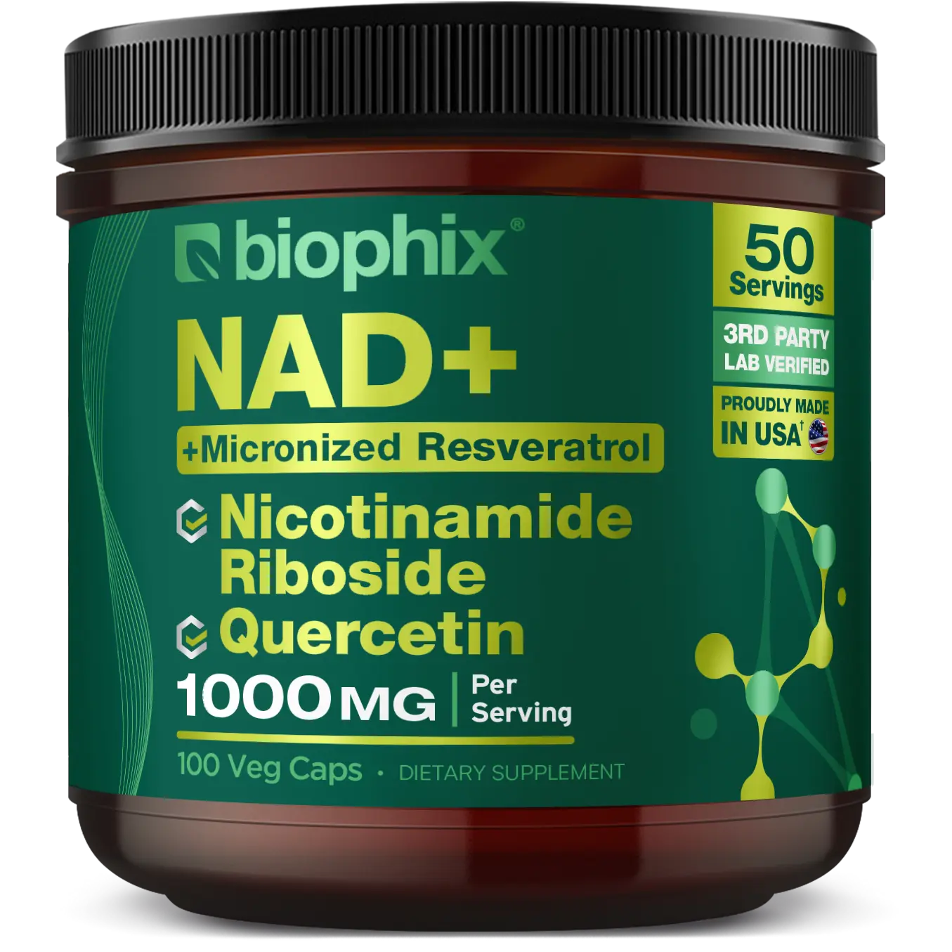 biophix NAD+ Micronized Resveratrol – Nicotinamide Riboside with Quercetin 1000mg per Serving 100 Veg Capsules biophix Health and Beauty