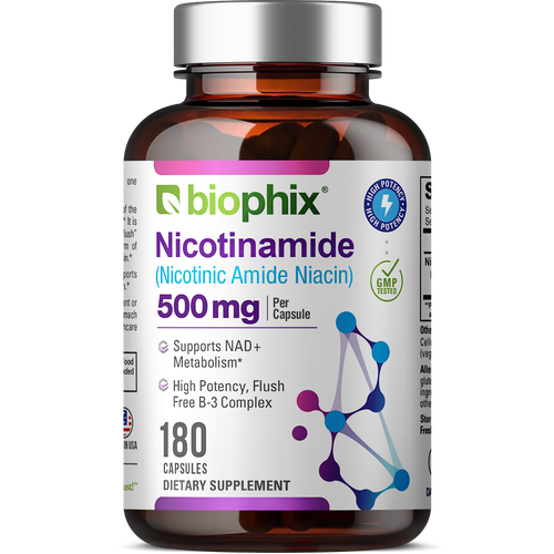 Biophix Nicotinamide 500 mg 180 Capsules - B3 Skin Antioxidants Detoxification Immune Support