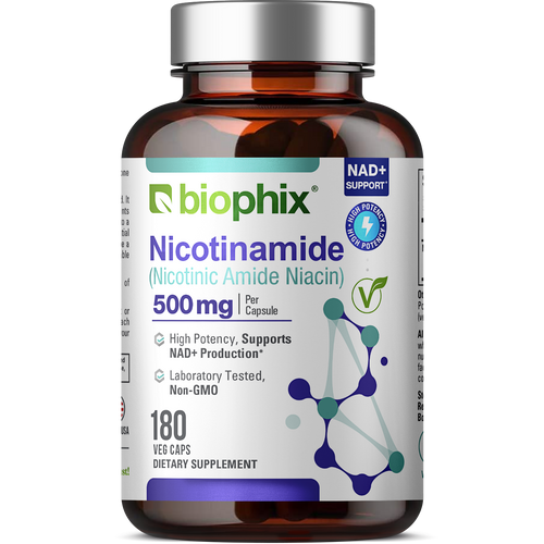 Biophix Nicotinamide 500 mg 180 Vegetarian Capsules - B3 Skin Antioxidants Detoxification Immune Support