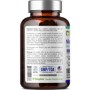 Biophix Nicotinamide 500 mg 180 Vegetarian Capsules - B3 Skin Antioxidants Detoxification Immune Support