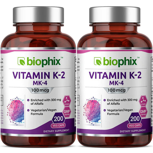 Vitamin K2 MK-4 High-Potency 100 mcg 200 Vegetarian Capsules with Alfalfa 2 Pack