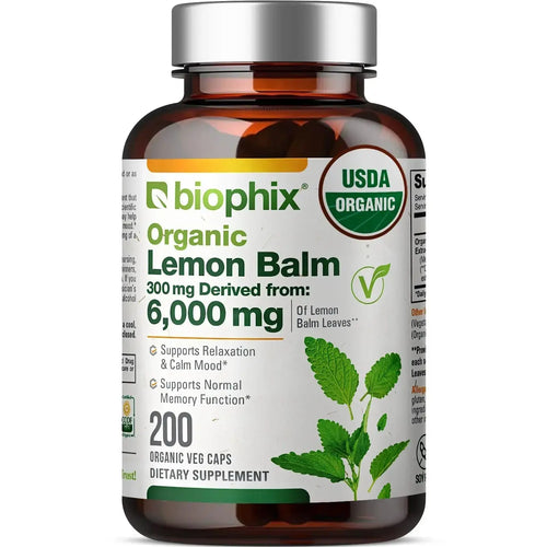 Biophix Lemon Balm USDA Organic 20:1 Extract 300 mg 200 Veggie Caps - Soothing Relaxation Positive Mood Support biophix