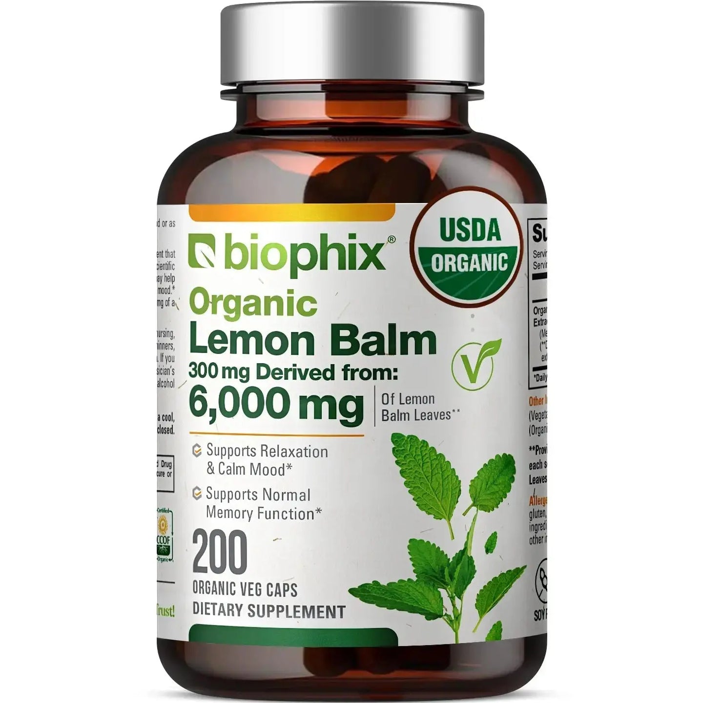 Biophix Lemon Balm USDA Organic 20:1 Extract 300 mg 200 Veggie Caps - Soothing Relaxation Positive Mood Support biophix