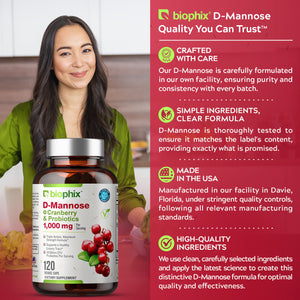 D-Mannose Plus Cranberry and Probiotics 1000 mg 120 Vegetarian Capsules with Free Vitamin C-1000 30 Tablets