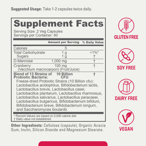 D-Mannose Plus Cranberry and Probiotics 1000 mg 120 Vegetarian Capsules