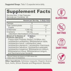 D-Mannose Plus Cranberry and Probiotics 1000 mg 120 Vegetarian Capsules with Free Vitamin C-1000 30 Tablets