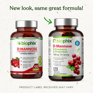 D-Mannose Plus Cranberry and Probiotics 1000 mg 120 Vegetarian Capsules with Free Vitamin C-1000 30 Tablets