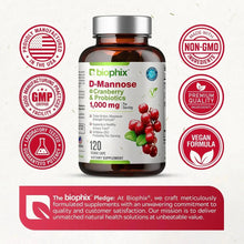 Load image into Gallery viewer, biophix D-Mannose Plus Cranberry and Probiotics 1000 mg 120 Vegetarian Capsules