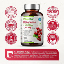 Load image into Gallery viewer, biophix D-Mannose Plus Cranberry and Probiotics 1000 mg 120 Vegetarian Capsules