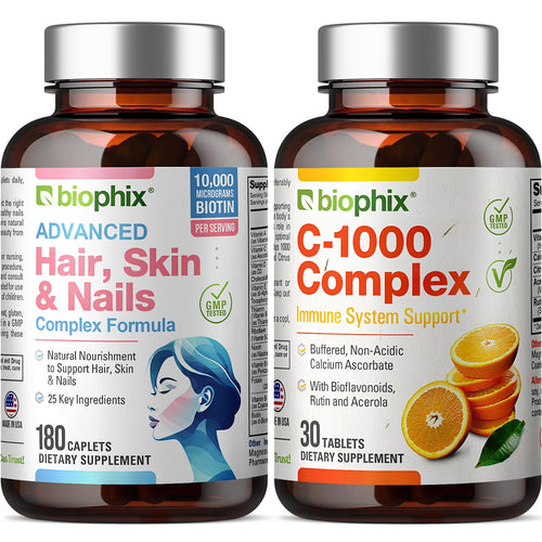 Advanced Hair, Skin and Nails Complex Formula 180 Caplets with Free Vitamin C-1000 30 Tablets