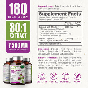 biophix Milk Thistle USDA Organic 30:1 Extract 7500 mg with Piperine 180 Veggie Capsules