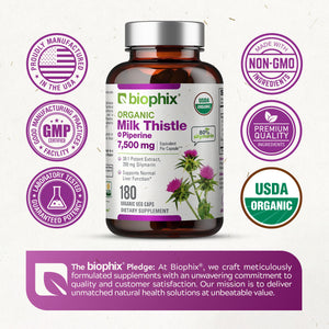 biophix Milk Thistle USDA Organic 30:1 Extract 7500 mg with Piperine 180 Veggie Capsules