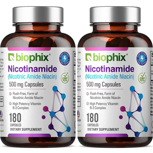 Biophix Nicotinamide 500 mg 180 Capsules 2 Pack - B3 Skin Antioxidants Detoxification Immune Support biophix