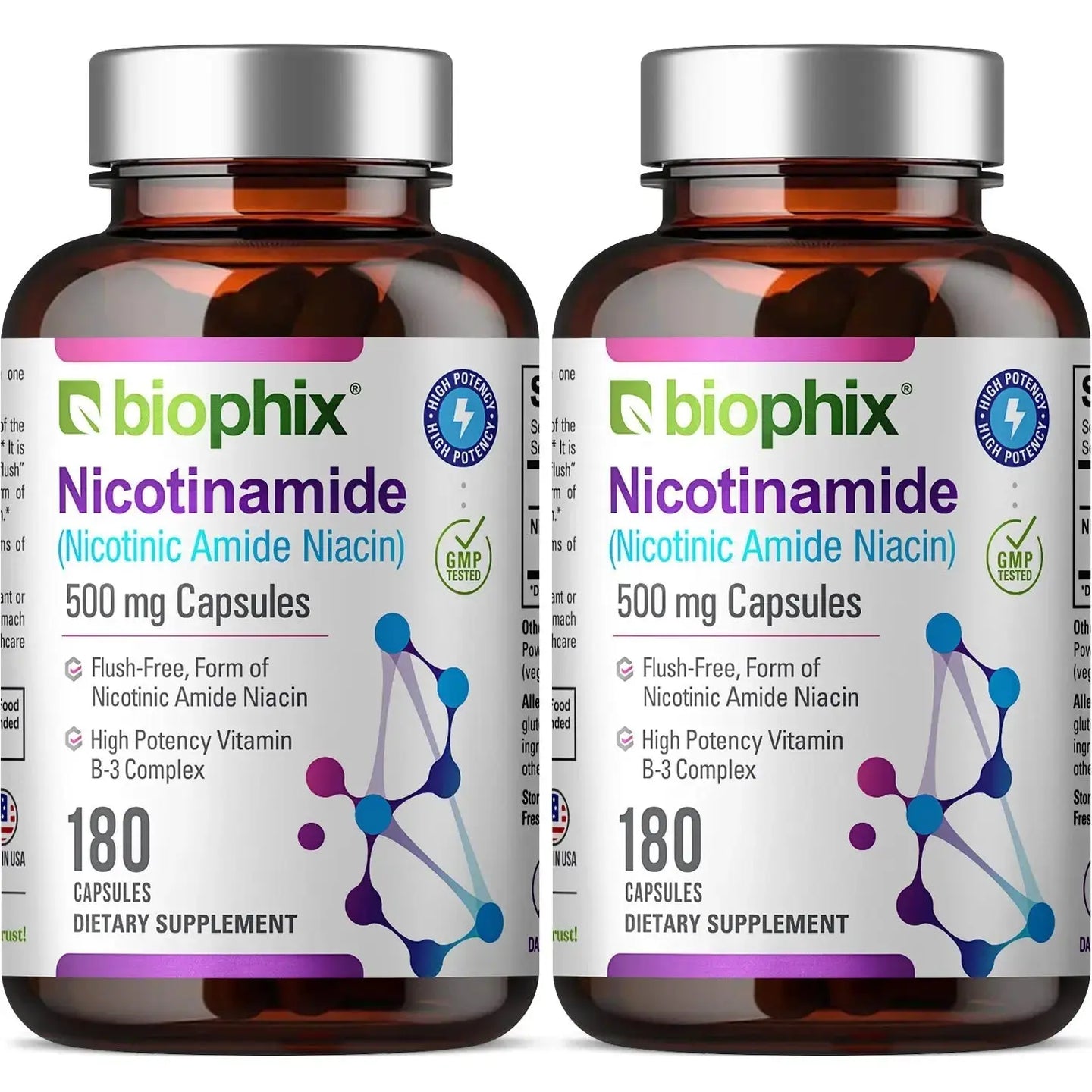 Biophix Nicotinamide 500 mg 180 Capsules 2 Pack - B3 Skin Antioxidants Detoxification Immune Support biophix