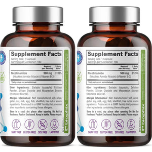 Biophix Nicotinamide 500 mg 180 Capsules 2 Pack - B3 Skin Antioxidants Detoxification Immune Support biophix