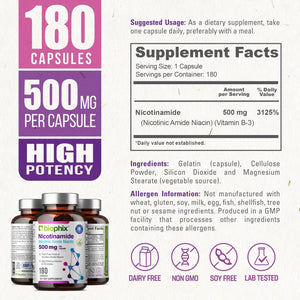 Biophix Nicotinamide 500 mg 180 Capsules - B3 Skin Antioxidants Detoxification Immune Support biophix