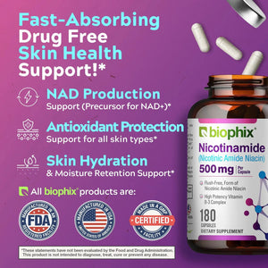 Biophix Nicotinamide 500 mg 180 Capsules - B3 Skin Antioxidants Detoxification Immune Support biophix