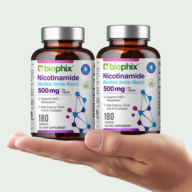 Biophix Nicotinamide 500 mg 2 Pack Hand View Non-Flushing B3 Niacin Supplement