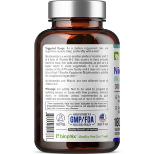 Biophix Nicotinamide 500 mg 180 Vegetarian Capsules - B3 Skin Antioxidants Detoxification Immune Support