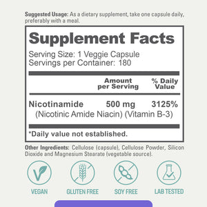 Nicotinamide 500 mg 180 Vegetarian Capsules