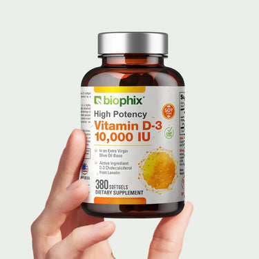 Biophix Vitamin D3 10000 IU 380 Softgels Hand View Bone Immune Mood Support