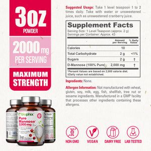 Pure Mannose Powder 2000 mg 3 oz with Free Vitamin D-3 5000 IU 30 Softgels