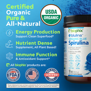 Biophix Blulina Organic Blue Spirulina Powder 10 oz 283.5 g - Detoxification Antioxidants Immune Support Superfood