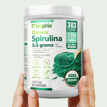 Biophix Organic Spirulina Powder 2.2 lbs Hand View 60% Plant Protein Superfood